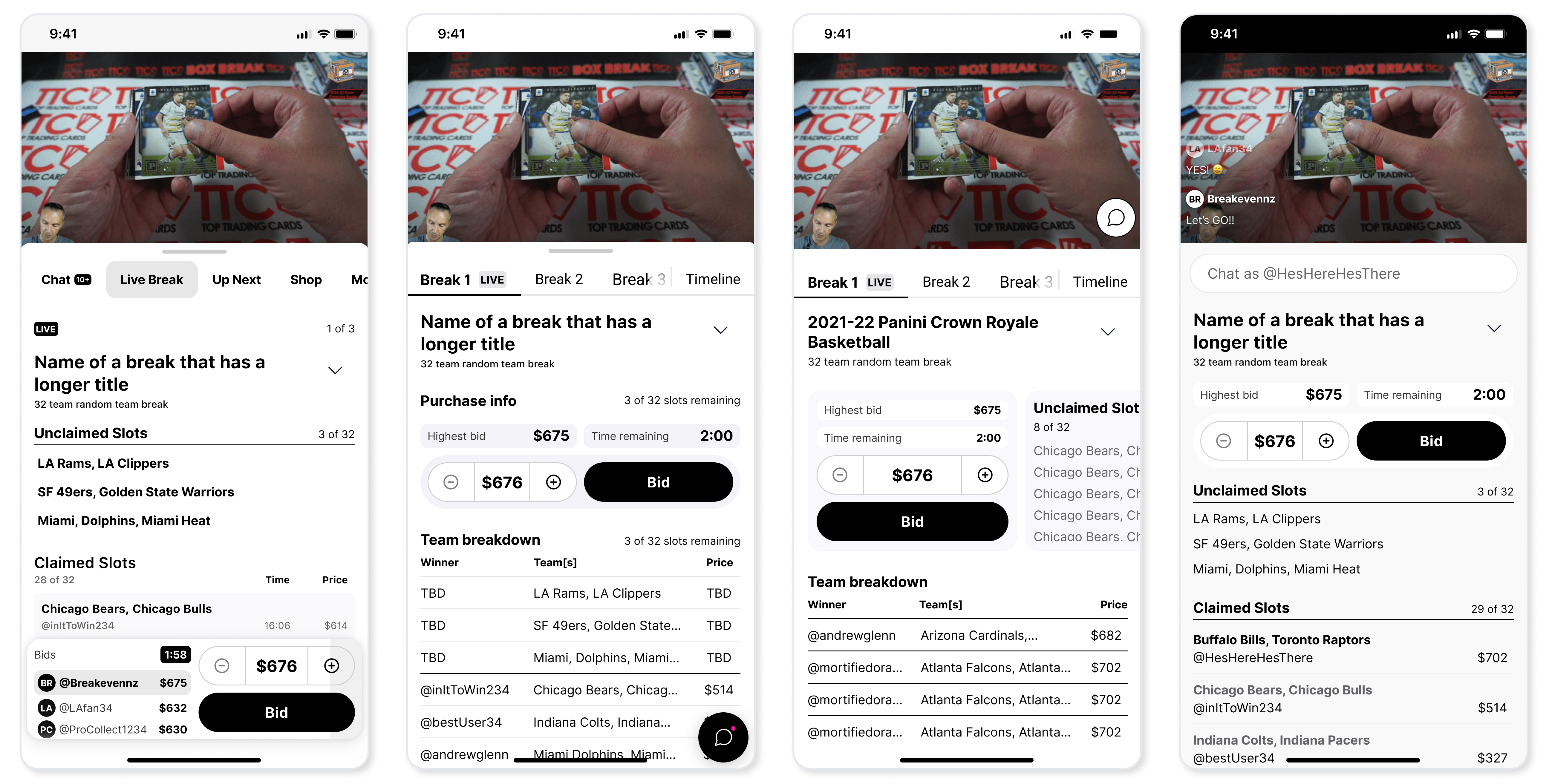 Fanatics Breaking mobile app — two screens showing the live auction and home feed on a navy background